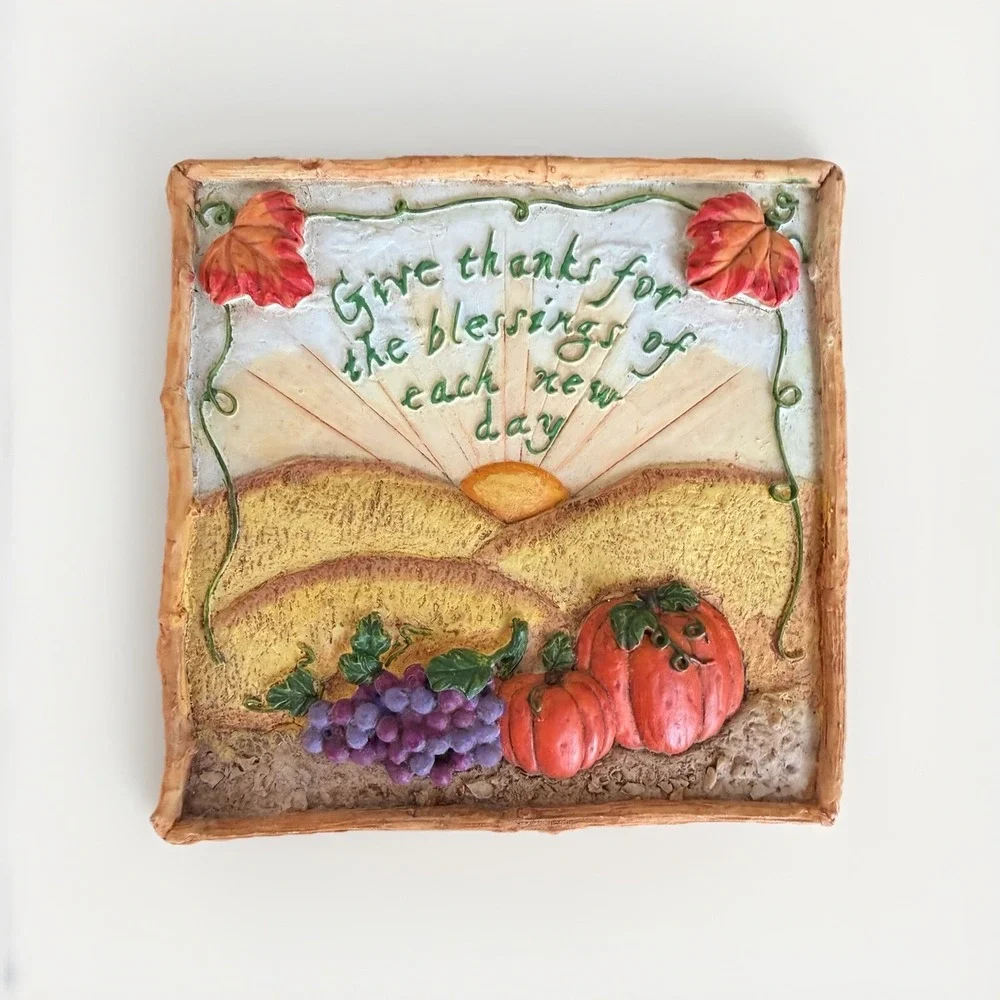 Vintage Russ Berrie Harvest Festival Ceramic Tile Plaque 3D Pumpkin Grapes